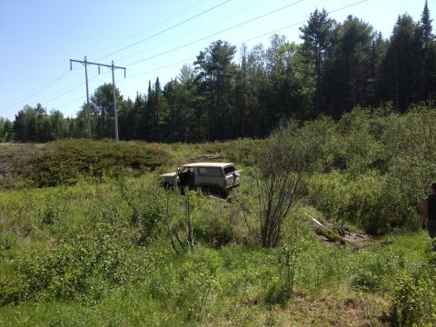 1979 Ford Bronco - A gray SUV is stuck in a field of tall grass and brush, with power lines visible in the background.