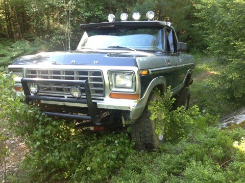 1979 Ford Bronco - A 1979 Ford Bronco is parked off-road, surrounded by dense green vegetation.
