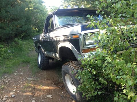 1979 Ford Bronco - A lifted Ford Bronco sits off-road, its front end peeking through dense foliage on a sunny day.
