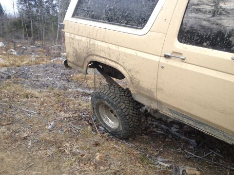 1979 Ford Bronco - A muddy tan Ford Bronco is parked in a wooded area, showing its side profile and off-road tires.