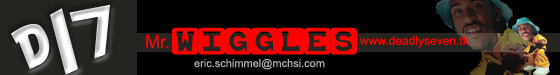 DJ logo with text 'DJ7' and 'Mr. WIGGLES', email address, and website. Two people are visible on the right