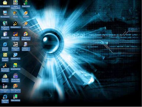 1998 Mercury Sable - This image shows a computer desktop with various program icons and a futuristic blue digital background.