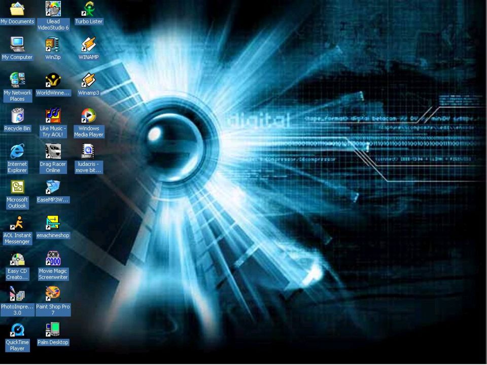 Computer desktop with icons and a blue abstract background a central circular element and digital text