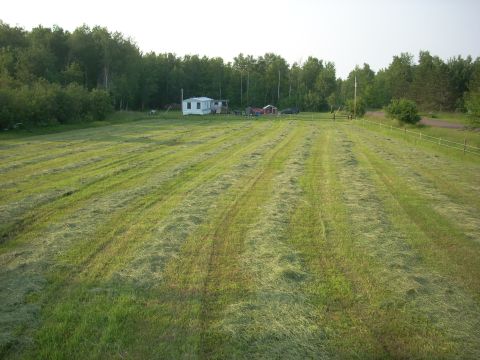 2000 Chevrolet Tahoe - A rural scene shows freshly cut grass in rows across a field, with a house and trees in the distance.
