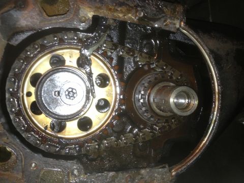 1978 Ford Bronco - Engine timing chain and gears are visible in this close-up view, showing internal mechanical components.