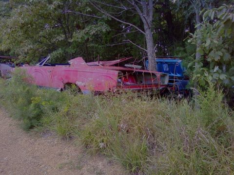 1974 Dodge Challenger - This old red convertible sits abandoned in tall grass, with a blue truck partially visible behind it.
