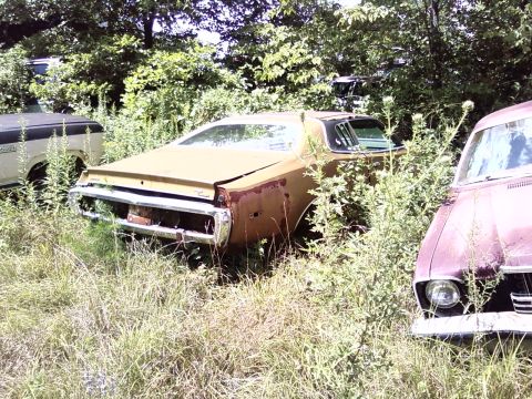 1974 Dodge Challenger - This vehicle appears to be a 1973 model, not a 1974 Dodge Challenger, as it sits abandoned in a junkyard.