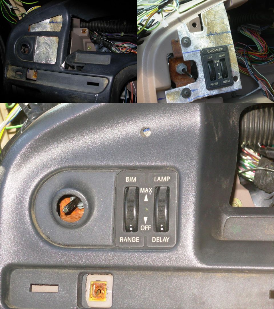 Dash switch panel with DIM/RANGE and LAMP/DELAY switches, exposed wiring behind gray trim