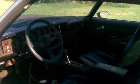 1979 Pontiac Firebird - The interior of a car shows a dashboard with gauges and a steering wheel, along with the center console and seats.