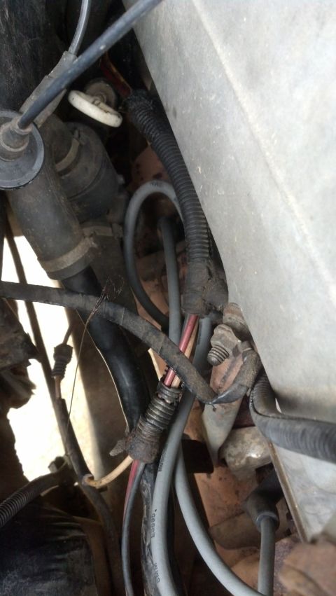 1993 Ford Bronco - This image shows a close-up view of various wires and parts within a vehicle's engine compartment.