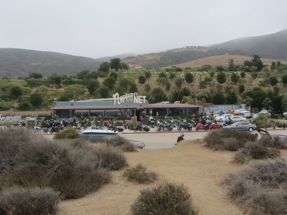Motorcycles parked outside Neptune's Net restaurant