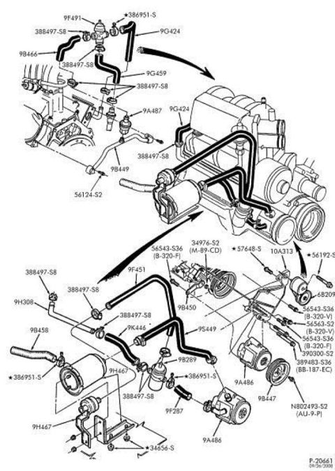 1990 Ford Bronco - Diagram of engine emissions system components and their connections.