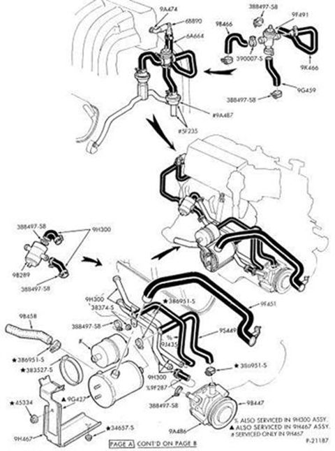 1990 Ford Bronco - This diagram illustrates the routing of vacuum hoses and related parts for an engine system.