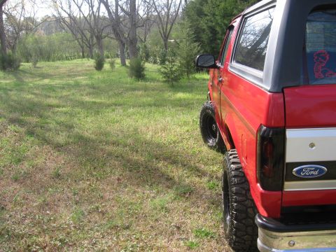 1992 Ford Bronco - A red 1992 Ford Bronco sits in a grassy field, its rear quarter visible with a Ford badge on the tailgate.