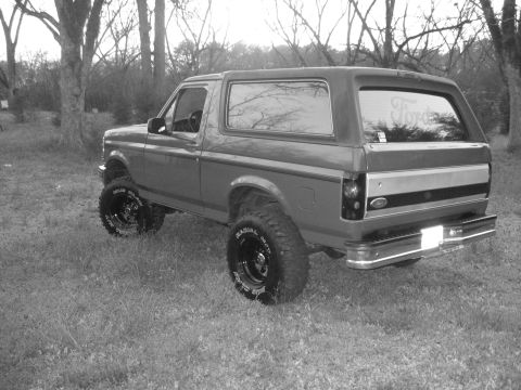 1992 Ford Bronco - This lifted 1992 Ford Bronco sits in a grassy, wooded area, showing its rear 3/4 profile.