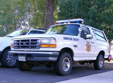 1992 Ford Bronco - Gunnison Sheriff's 1992 Ford Bronco, equipped with emergency lights and distinctive markings.