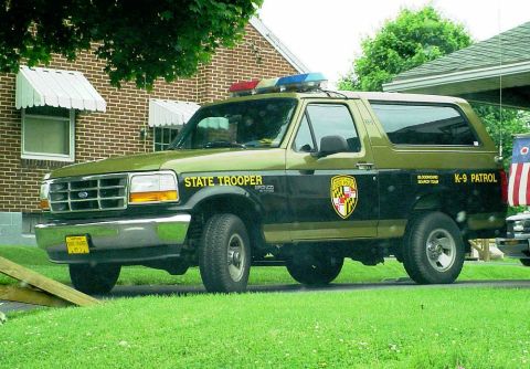 1992 Ford Bronco - This Ford Bronco, marked as a state trooper vehicle, is equipped for K-9 patrol duty.