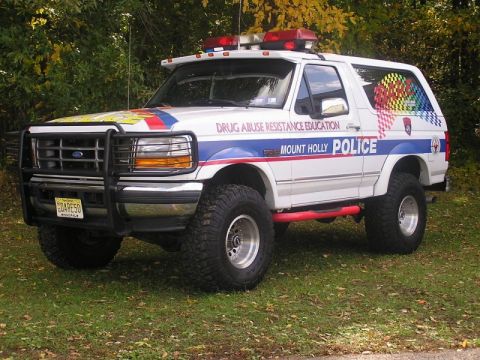 1992 Ford Bronco - This 1992 Ford Bronco served as a police vehicle for Mount Holly, "Drug Abuse Resistance Education" text and emergency lights.