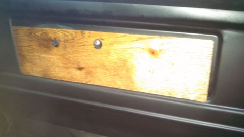 1979 Ford Bronco - A close-up view of a wooden panel insert on a vehicle's interior trim.