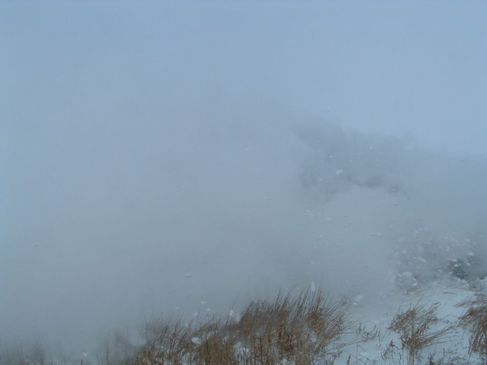 Foggy scene with dry grass and snow, Supermotors logo