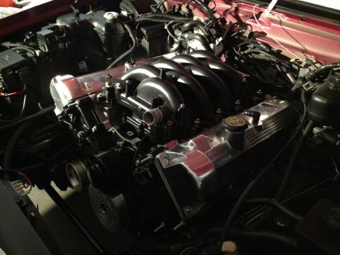 1992 Ford Crown Victoria - Close-up of an engine bay with aftermarket performance parts installed.