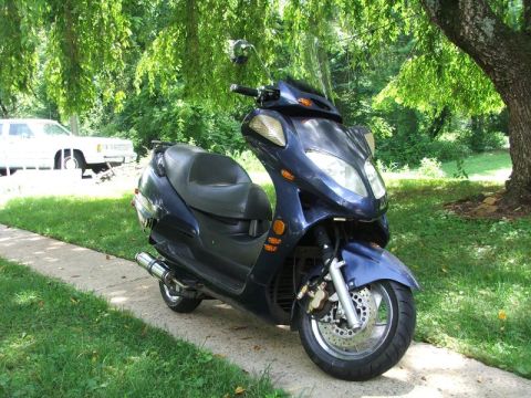 2008 Yamaha Zuma - A dark blue scooter is parked on a concrete path next to a grassy lawn, with a white car visible behind it under leafy trees.