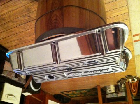 1992 Ford Bronco - Chrome Ford Racing valve cover with embossed Ford logo and ribbed detail.