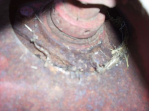 1963 Hummer H3 - A close-up view of a corroded metal part, possibly from an engine or chassis, with organic debris.