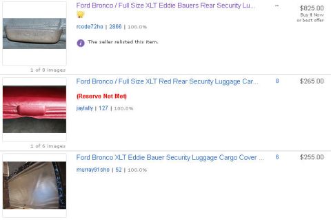 1994 Ford Bronco - Screenshot of eBay search results listing three Ford Bronco full-size XLT/Eddie Bauer rear security luggage cargo covers at $825.00, $265.0…