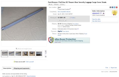 1994 Ford Bronco - Screenshot of a completed eBay listing for a used "Ford Bronco / Full Size XLT Bauers Rear Security Luggage Cargo Cover Shade" that sold fo…