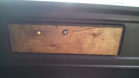 1979 Ford Bronco - Close-up of a vehicle's interior door panel a wood grain accent and two visible knobs.