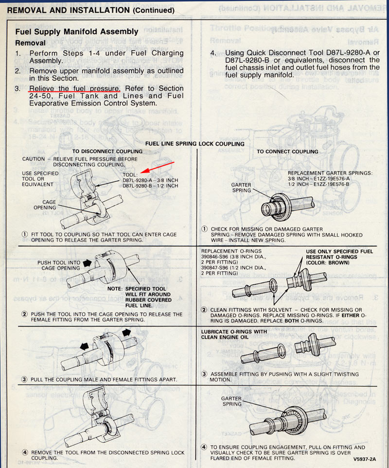 Service manual page for fuel supply manifold removal and installation