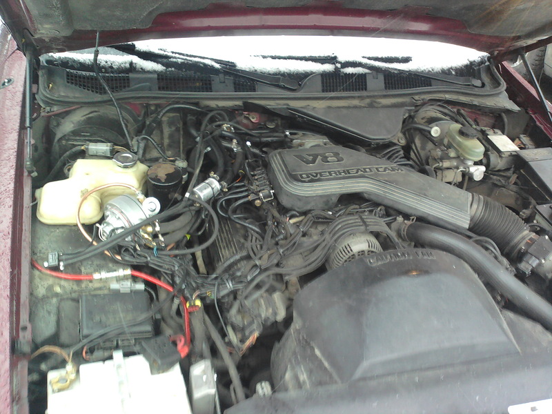 Engine bay with V8 OVERHEAD CAM engine cover. Some snow on the hood