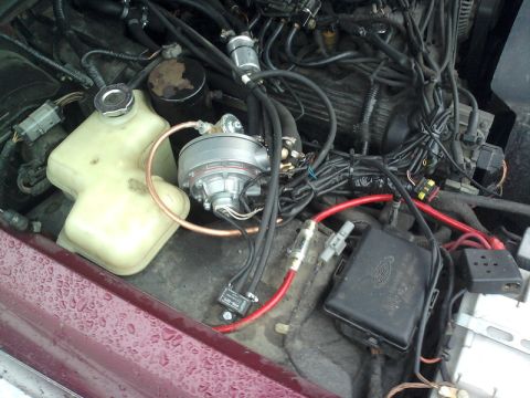 1992 Ford Crown Victoria - Close-up of a vehicle's engine bay, showing a fuel pump and various hoses and wires.
