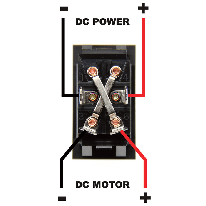 Rocker switch wiring diagram with DC power and DC motor terminal connections