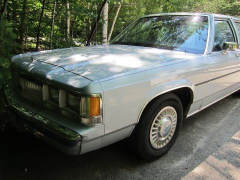 1991 Ford LTD Crown Victoria - The front quarter panel and grille of a classic sedan are visible, with sunlight filtering through the trees.