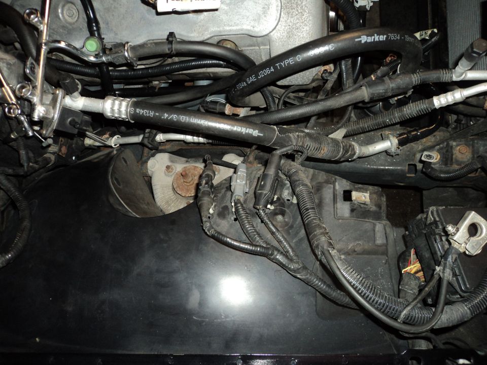 Engine bay with hoses and wiring, some labeled Parker