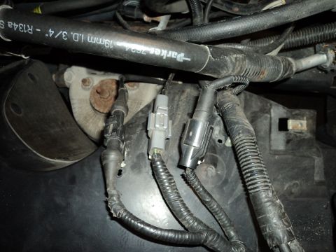 2004 Mercury Grand Marquis - Close-up view of engine wiring harness and hoses, with visible Parker 7524 branding on a hose.