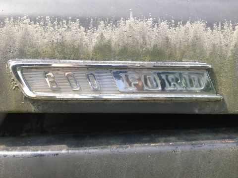 Chrome Ford 600 badge on a weathered dark green vehicle