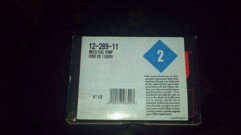 1987 Ford Bronco - A box for a mechanical fuel pump is shown, with text indicating it is for a Ford engine and may not be legal for sale in California for cer…