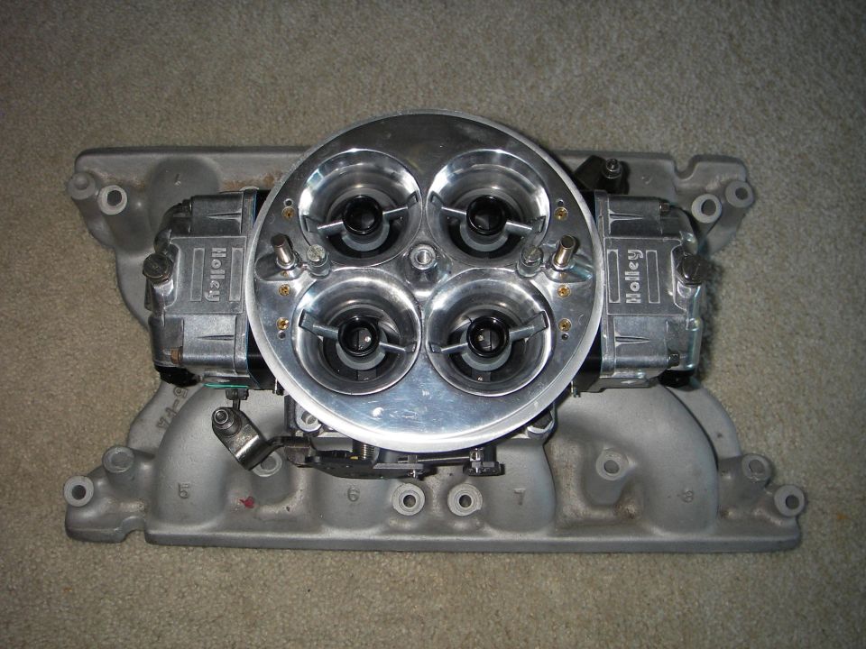 Dual Holley carburetors on an aluminum intake manifold