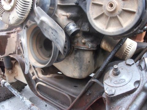 1990 Ford Bronco - Close-up view of engine components, including pulleys, fan, and a steering gear with a Ford emblem.
