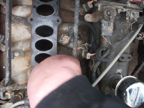 1990 Ford Bronco - Close-up of an engine intake manifold gasket and associated sensors, with part number visible.