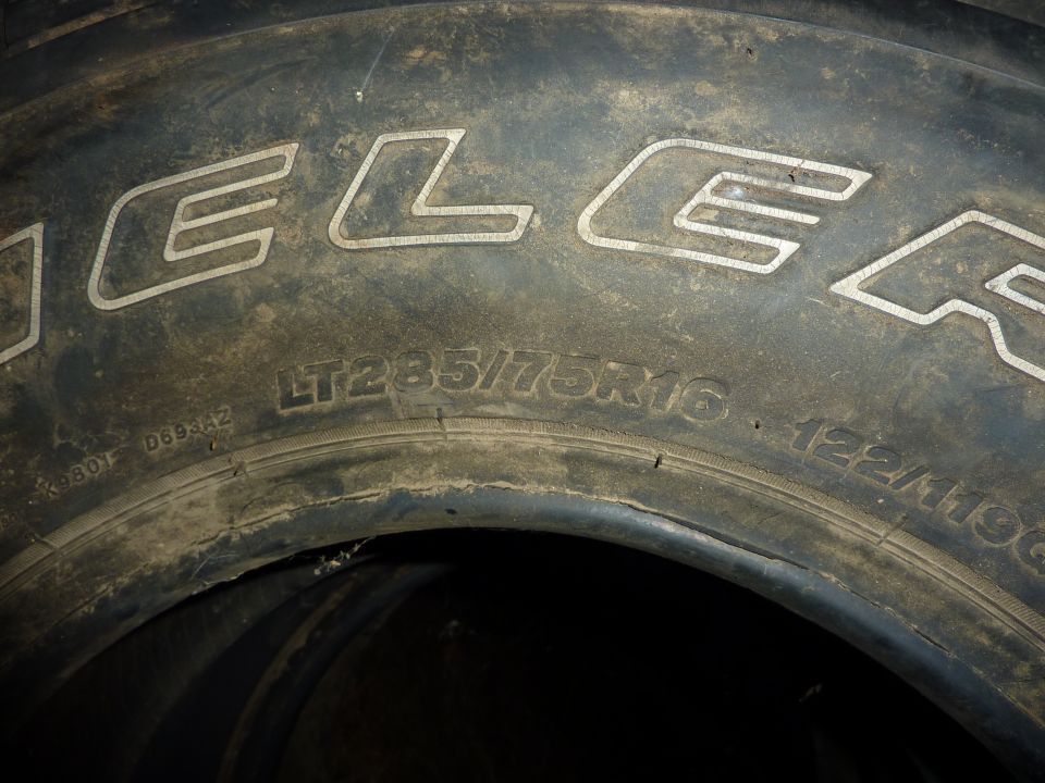 Close-up of a dirty tire with text LT285/75R16 122/119Q.