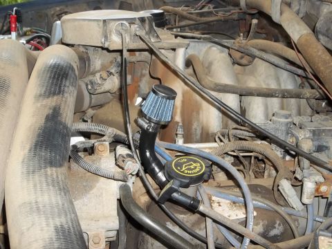 1995 Ford Bronco - Close-up view of a dusty engine bay with various components and hoses visible.