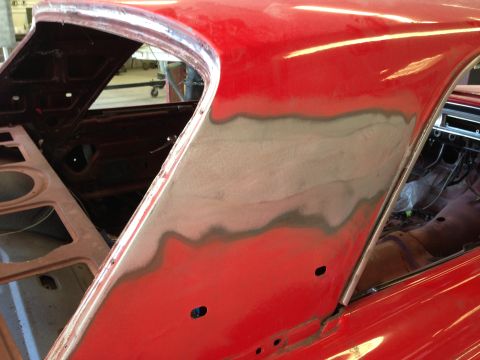 1964 Ford Fairlane - Bodywork in progress on a 1964 Ford Fairlane C-pillar, showing primer and filler.