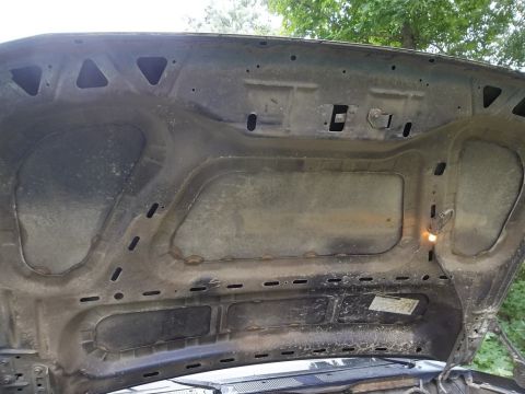 1995 Ford Bronco - The underside of a car hood is shown, revealing insulation and structural details.