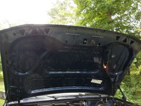 1995 Ford Bronco - The underside of the hood of a 1995 Ford Bronco, showing the insulation and structural supports.