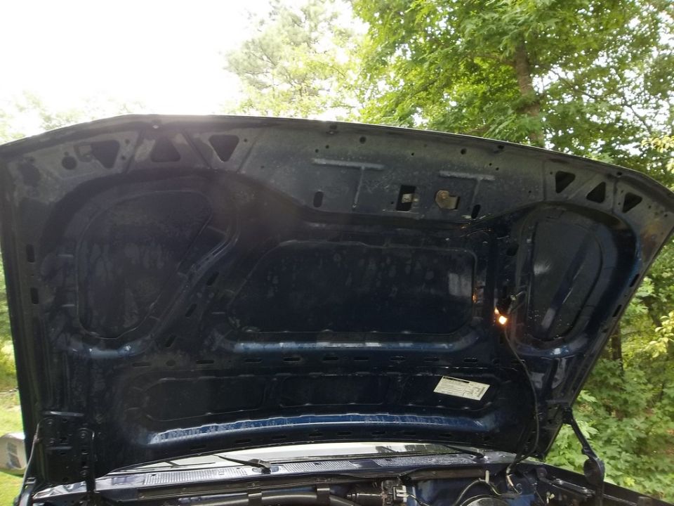 Underside of dark blue hood, 1995 Ford Bronco
