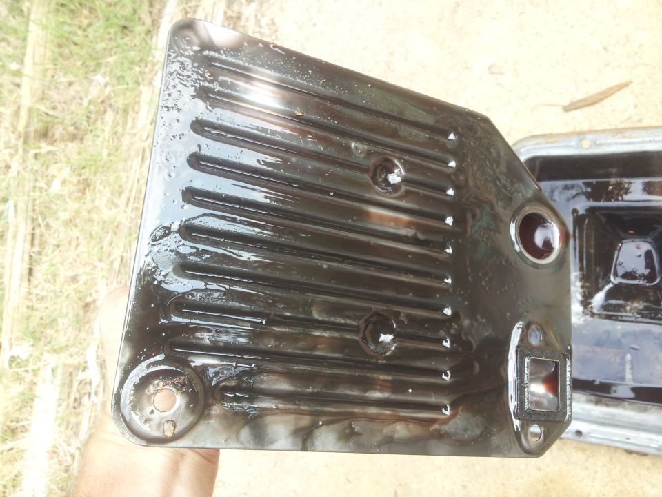 Transmission pan and filter covered in dark oil